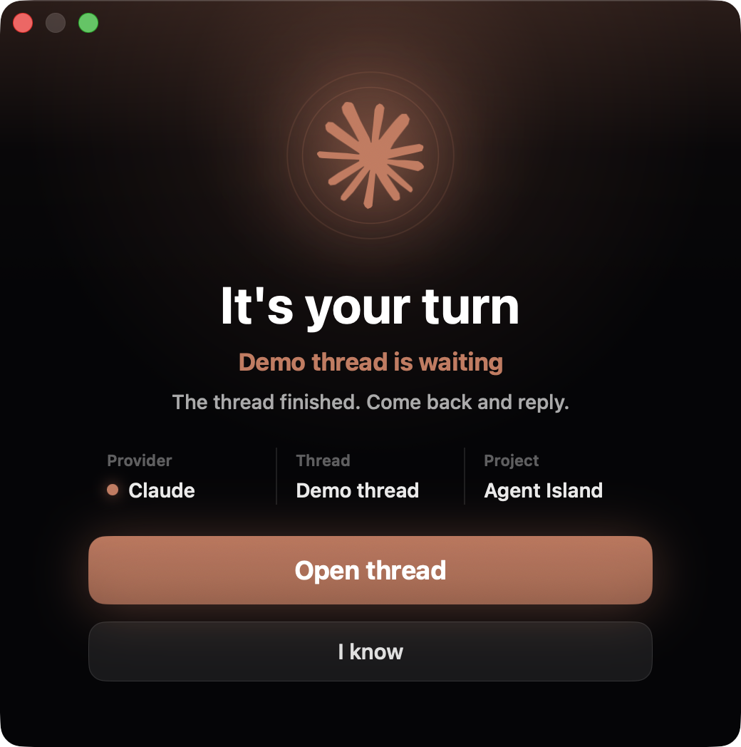 Agent Island Your Turn window shown after a Claude Code session finishes