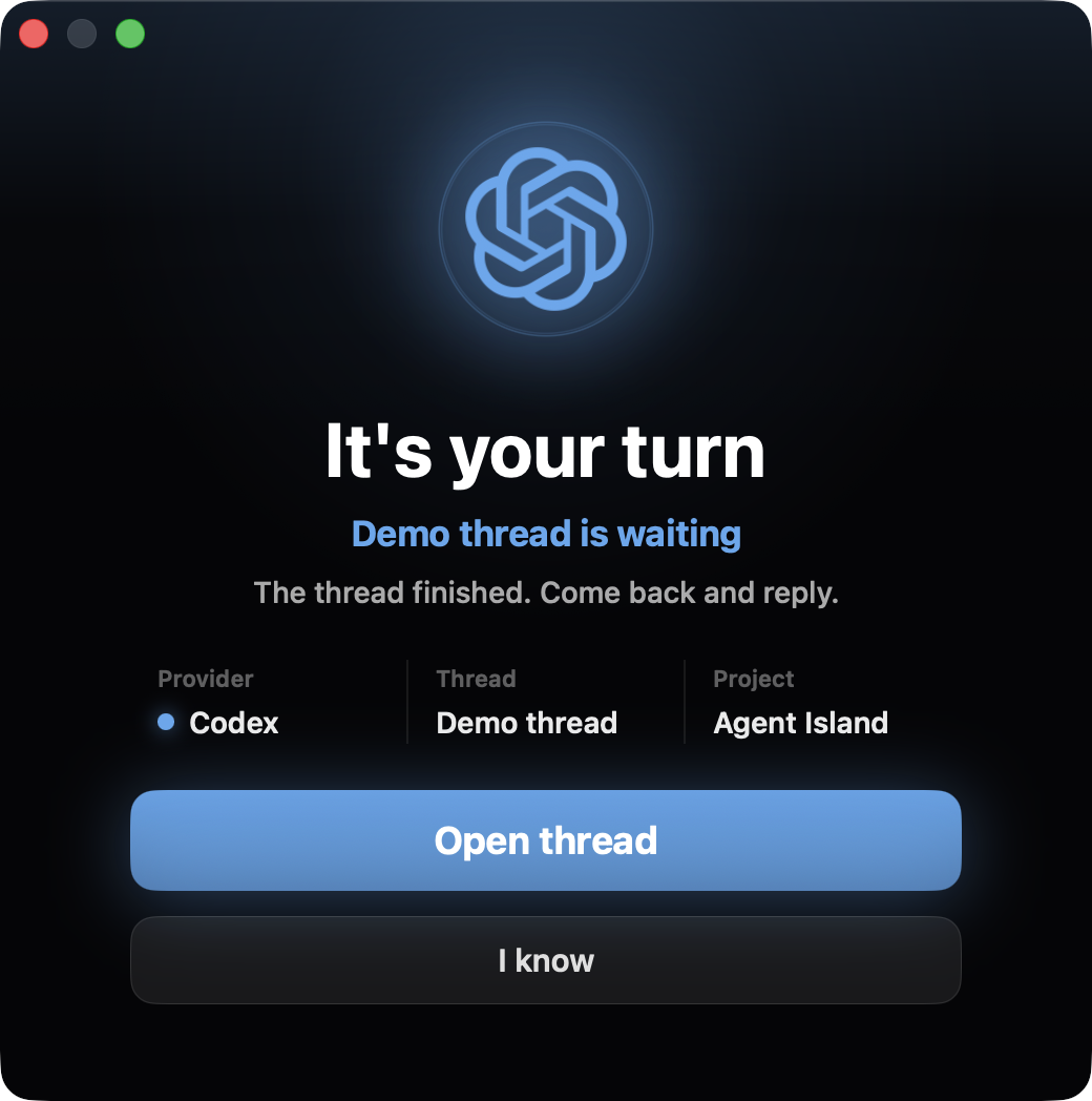 Agent Island Codex your-turn alarm with a Return to Codex action