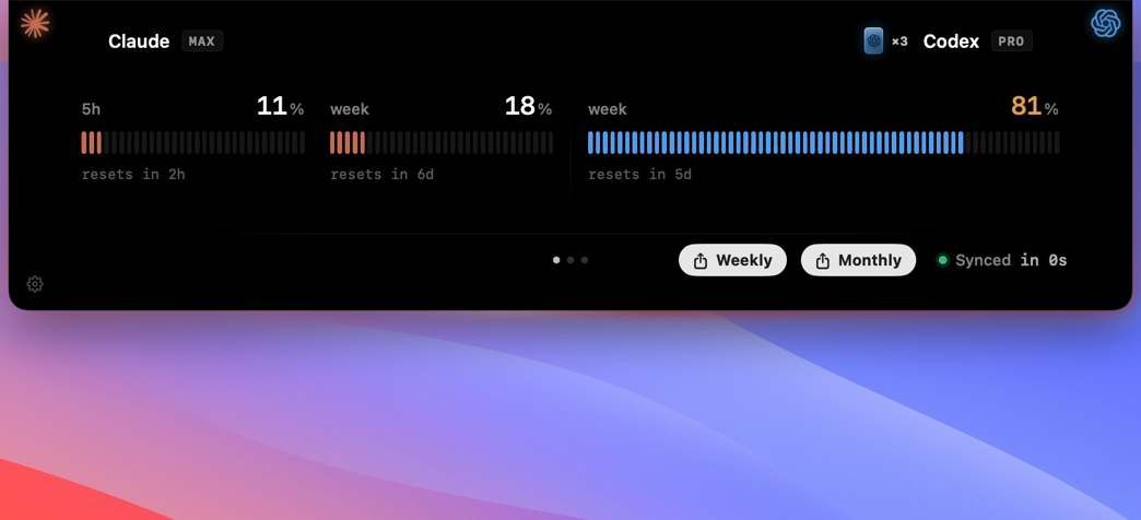 Agent Island macOS usage panel showing Claude 5-hour and weekly quota beside the Codex weekly window