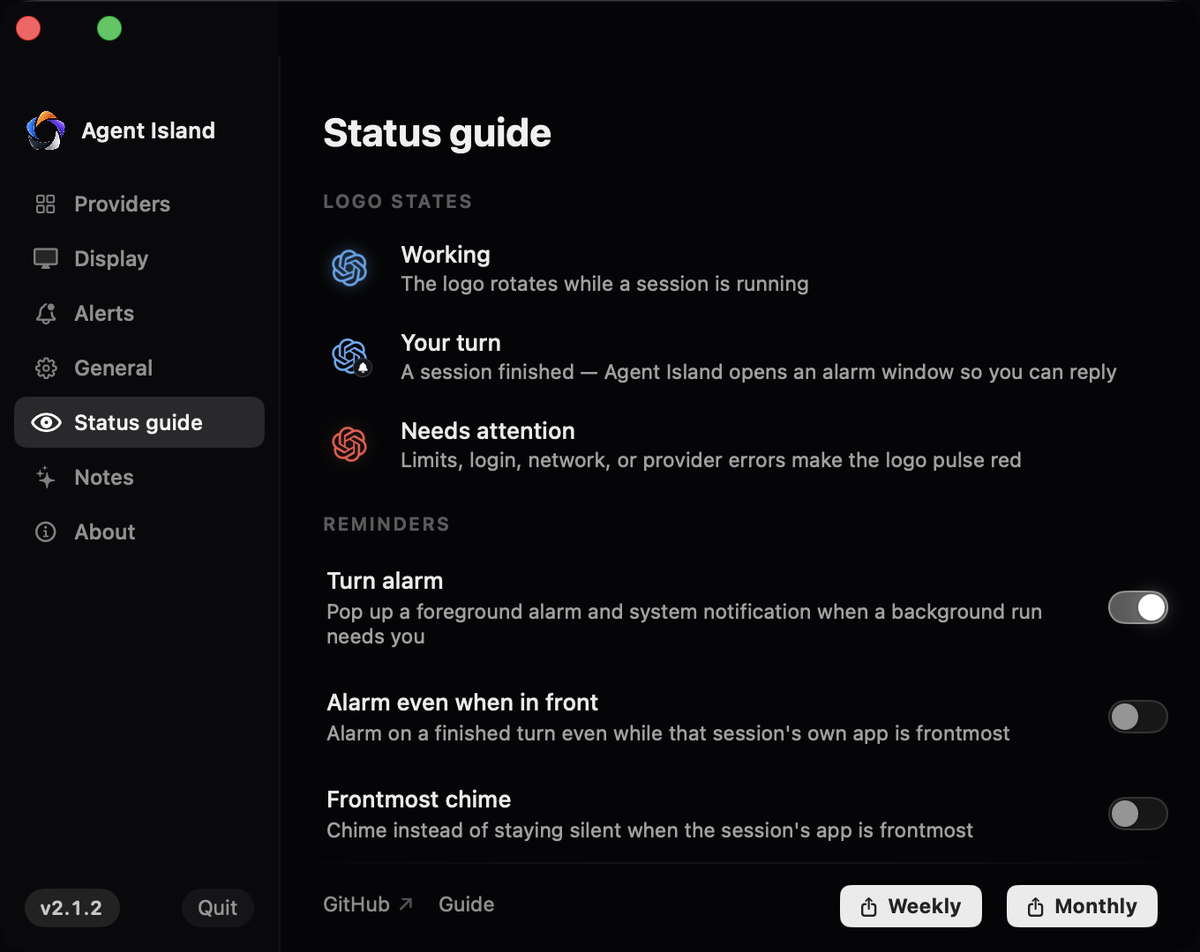 Agent Island status guide with the turn alarm switches
